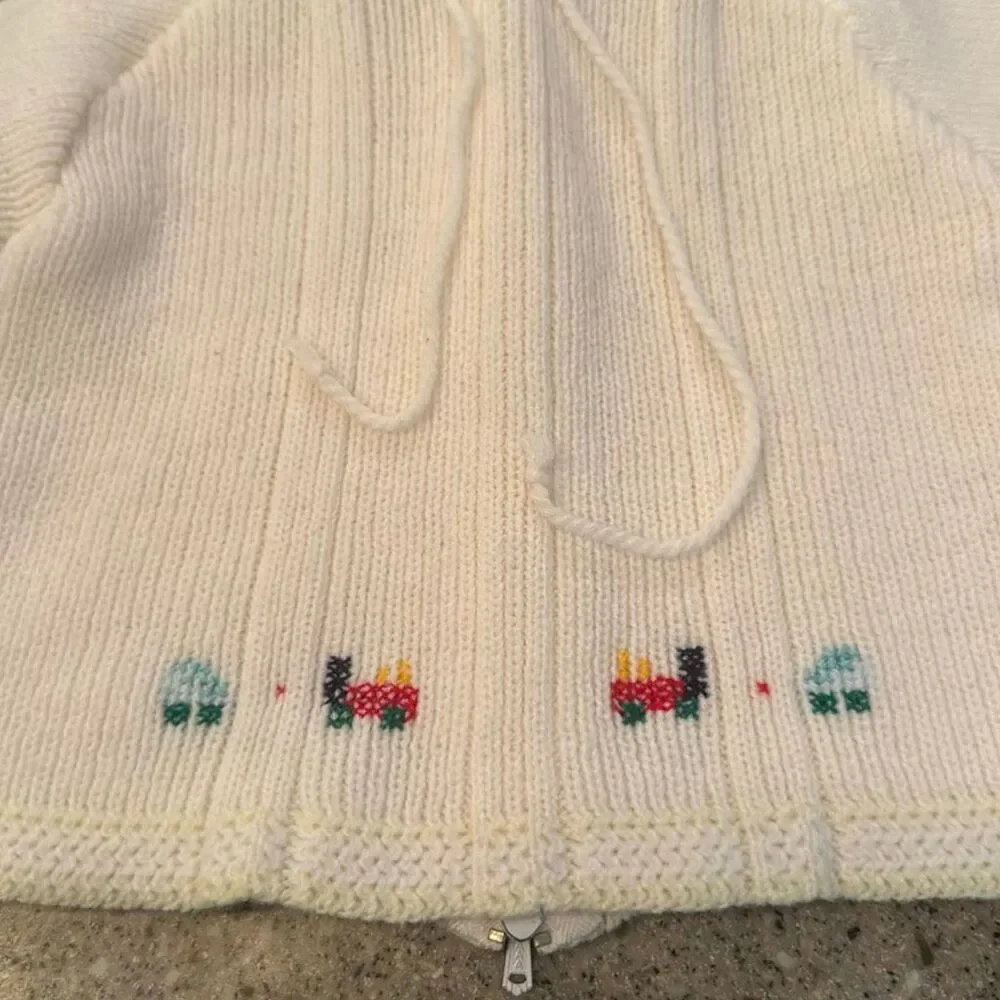 JULIUS BERGER Vintage Ivory Hooded Back Zip Cardigan Baby Sweater Car Train Embr